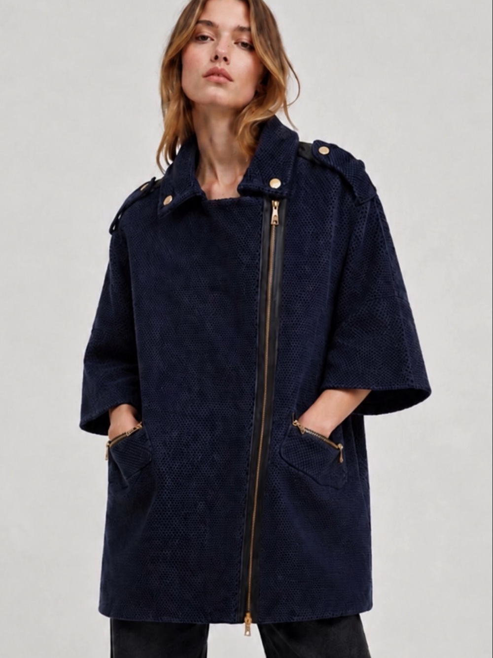 Love Moschino Cashmere Wool Textured Asymmetrical Zip Coat in Navy Blue